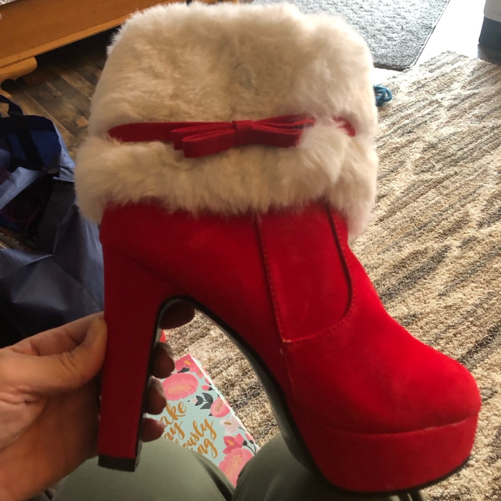 Red Faux Fur Ankle Boots
